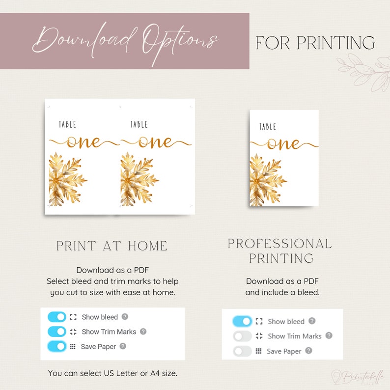 Image describes download options. When Printing at home it is recommended to download as a PDF with a bleed, trim marks and select save paper. For printing at a print store it is recommended to download as a PDF with a bleed.