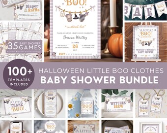 Halloween Baby Clothes Baby Shower Bundle, Little Boo Is Almost Due Pack, Purple Clothesline Girl. Editable, Printable | HW17
