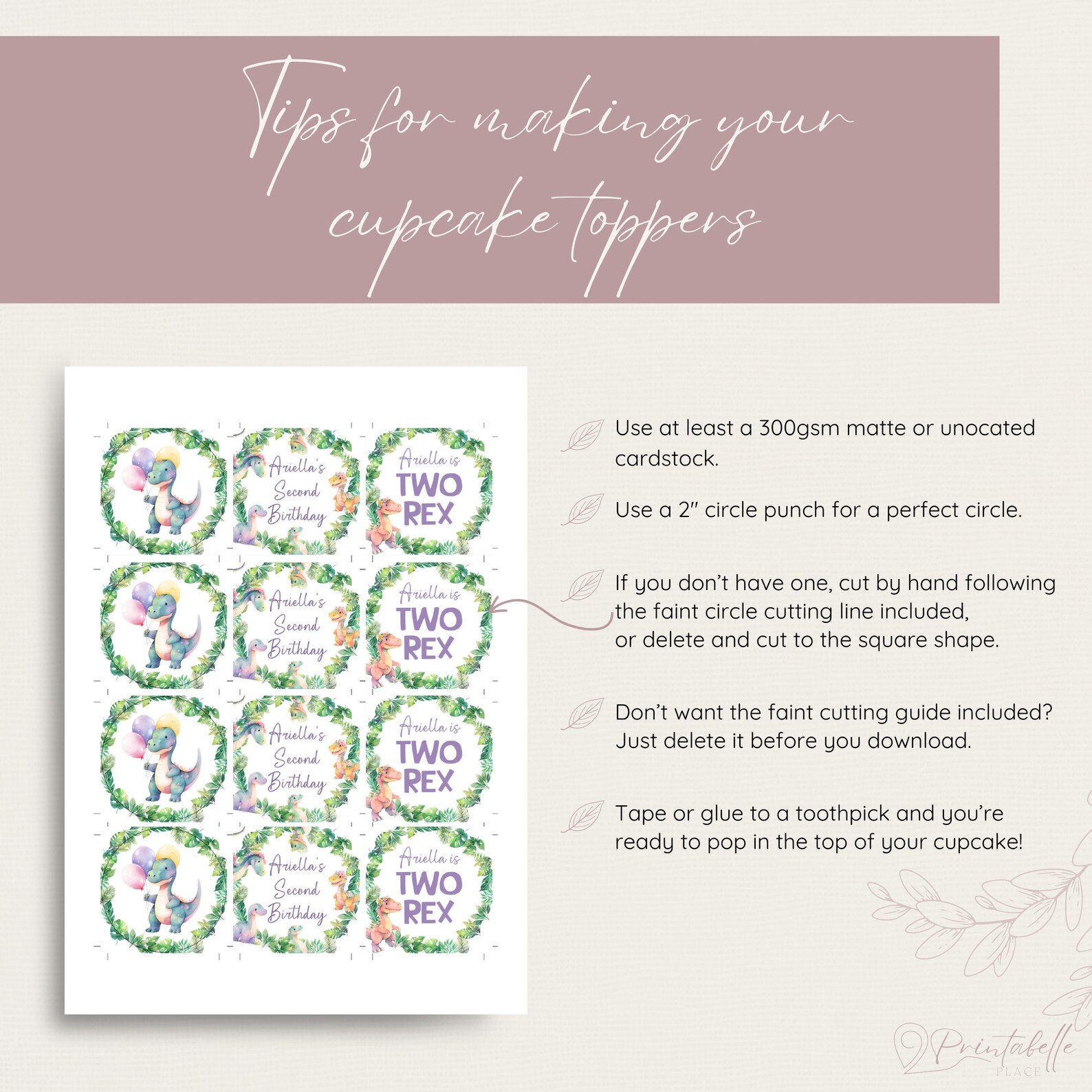 Two Rex Dinosaur Cupcake Toppers Printable Birthday Decorations Girl ...