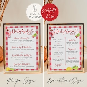 Puede incluir: Dos letreros enmarcados con un patr&oacute;n de cuadros rojos y blancos. Los letreros son para un "Dirty Soda Bar" e incluyen recetas e instrucciones. Los letreros est&aacute;n etiquetados como "Recipe Sign" y "Directions Sign" e incluyen el texto "Editable 5 x 7" y 8 x 10".