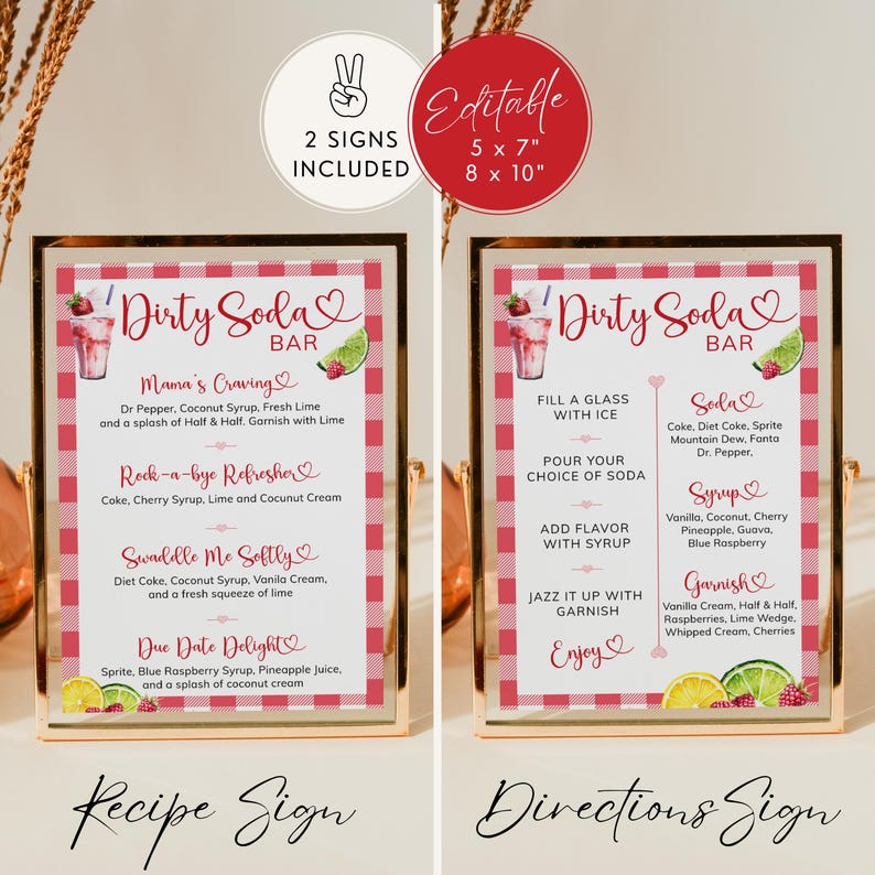 Puede incluir: Dos letreros enmarcados con un patr&oacute;n de cuadros rojos y blancos. Los letreros son para un "Dirty Soda Bar" e incluyen recetas e instrucciones. Los letreros est&aacute;n etiquetados como "Recipe Sign" y "Directions Sign" e incluyen el texto "Editable 5 x 7" y 8 x 10".