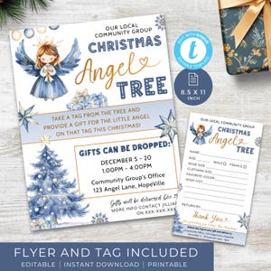 Weihnachten Engel Baum Flyer, Baum Vorlage, Blue Xmas Toy Drive, Feiertags-Spendenaktion, Engel Baum Geschenkanhänger. Bearbeitbar, Druckbar | CHG