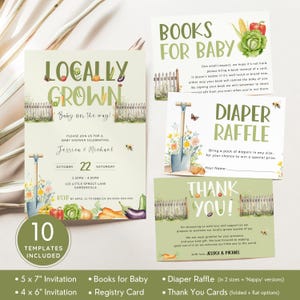 Farmers Market Babypartyeinladungspaket, lokal gewachsenes Babyeinladungsset, salbeigrünes Gemüsegarten-Thema. Bearbeitbar, Druckbar | LG02
