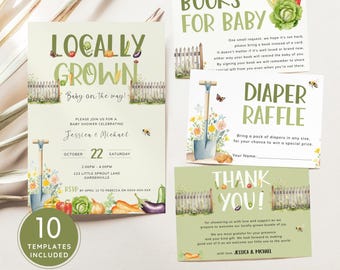 Farmers Market Baby Shower Invitation Bundle, Locally Grown Baby Invite Set, Sage Green Vegetable Garden Theme. Editable, Printable | LG02
