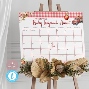 Apple Of Our Eye Baby Arrival Date Calendar Game, Guess the Due Date in Fruit Theme, Gingham and Country Truck. Editable, Printable | AP01