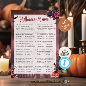 Halloween Trivia Spiel zum Ausdrucken, Witchy Allgemeinwissen Quiz, Gothic Spooky Saison Aktivität für Jugendliche oder Erwachsene. Bearbeitbare Vorlage | HW07