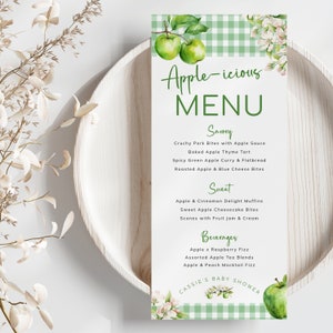 Apfel-Themen-Menü-Vorlage, Apfel unseres Auges-Babyparty-Brunch, Herbstfrucht-Themen-Speise- und Getränkeliste. Bearbeitbar, Druckbar | AP03