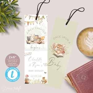Storybook Baby Shower Bookmark, A New Chapter Is About To Begin Favor, Book Themed Book Mark, Woodland Animal. Editable, Printable | SB01