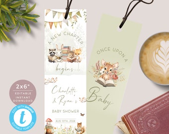 Könnte beinhalten: Zwei 2x6 Zoll große druckbare Lesezeichen mit einem Wald-Babyparty-Thema. Das erste Lesezeichen zeigt einen Waschbären, ein Kaninchen und einen Fuchs, die Bücher lesen, mit dem Text "Ein neues Kapitel beginnt..." Das zweite Lesezeichen zeigt ein Reh, das ein Buch liest, mit dem Text "Es war einmal ein Baby".