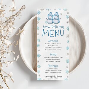Winter Menü Vorlage für Jungen Baby Shower. Dusty Blue Tischdekoration für Ihr Winter Wonderland Thema. Druckbar | SN04