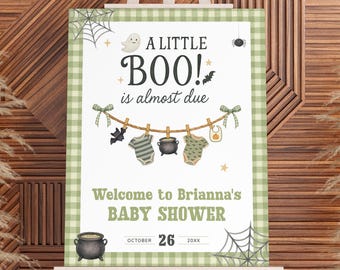 Halloween Baby Clothes Baby Shower Welcome Sign, A Little Boo Is Almost Due Decoration, Gingham Gender Neutral. Editable, Printable | HW18