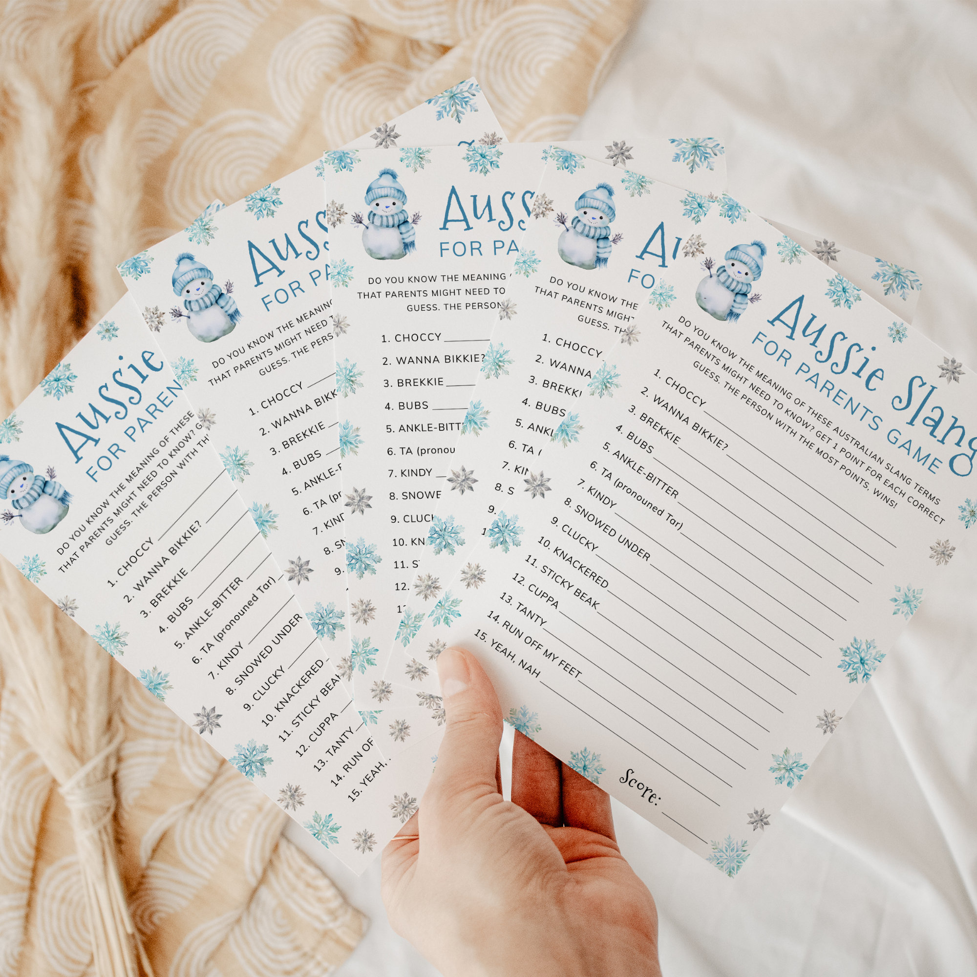 Blue Snowflake Baby Shower Game, Aussie Slang for Parents, Australian ...