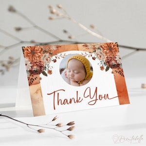 Carte de remerciement en terre cuite avec photo, tente pour carte de baptême bébé automne, carte de voeux floral rouille, tons d'automne. Modifiable, imprimable | TC02