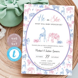 Safari Gender Reveal-babyshoweruitnodigingen, Toile De Jouy-uitnodiging voor hij of zij, Grandmillenial-erfstukstijl. Bewerkbaar, afdrukbaar | GR04
