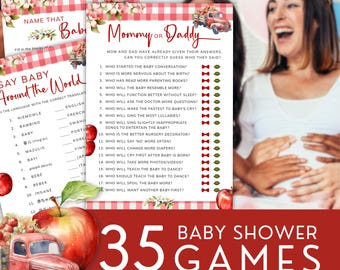 Apple Themed Baby Shower Games: 35 Activities with Answer Key (Editable, Printable Download) | AP01