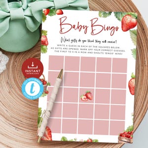 Bingo de Baby Shower de Fresas, Juego de Apertura de Regalos con Dulces Bayas, Adivinanza de Regalos con Temas Frutales, Actividad para Niña. Editable e Imprimible / ST08