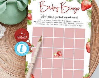 Strawberry Baby Shower Bingo: Berry Sweet Themed Game (Editable, Printable, Digital Download) | ST08