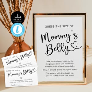 How Big Is Mommy's Belly, Modern babyshowerspel, eenvoudig bordje en kaartjes voor babystoten, minimaal raden. Bewerkbaar, afdrukbaar | MN01