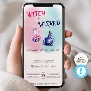 Gender Reveal Smoke Evite, Hexe oder Zauberer elektronische Einladung, Blau und Pink Zaubertrank Flaschen, Er oder Sie. Bearbeitbar, Herunterladen | GR01