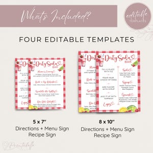 Puede incluir: Un conjunto de plantillas digitales para un Dirty Soda Bar, con cuatro plantillas editables. El dise&ntilde;o incluye letreros de men&uacute;, letreros de recetas e instrucciones en tama&ntilde;os de 5x7 y 8x10 pulgadas (aproximadamente 13 x 18 cm y 20 x 25 cm).