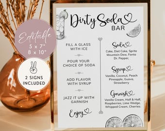 Dirty Soda Menu Template Baby Shower, Modern Bar Sign, Minimal Decorations, Dirty Soda Bar Instructions & Recipe. Editable, Printable | MN01