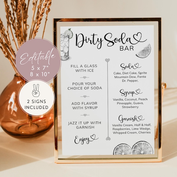 Dirty Soda Menu Template Baby Shower, Modern Bar Sign, Minimal Decorations, Dirty Soda Bar Instructions & Recipe. Editable, Printable | MN01