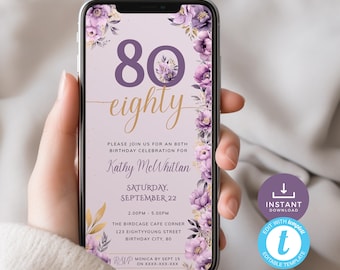 Purple & Gold 80th Birthday Evite: Floral Eightieth Electronic Invitation (Editable, Digital Download) | PP02