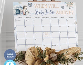 Winter Wonderland Baby Shower Spiel: Pinguin Errate den Fälligkeitskalender (bearbeitbar, druckbar) | SN13