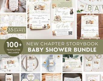 Storybook Baby Shower Bundle New Chapter, A New Chapter Is About To Begin Mega Pack, Woodland Animals with books. Editable, Printable | SB01