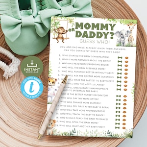 Safari babyshower mama- of papaspel, A Little Wild One Guess Who Said It Quiz, Jungle Giraffe Tiger and Lion. Bewerkbaar, afdrukbaar | SF02