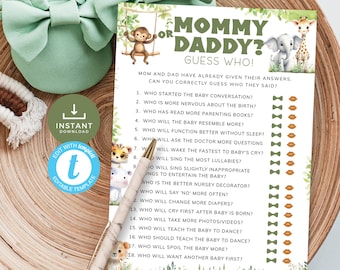 Safari Baby Shower Mommy or Daddy Game, A Little Wild One Guess Who Said It Quiz, Jungle Giraffe Tiger and Lion. Editable, Printable | SF02