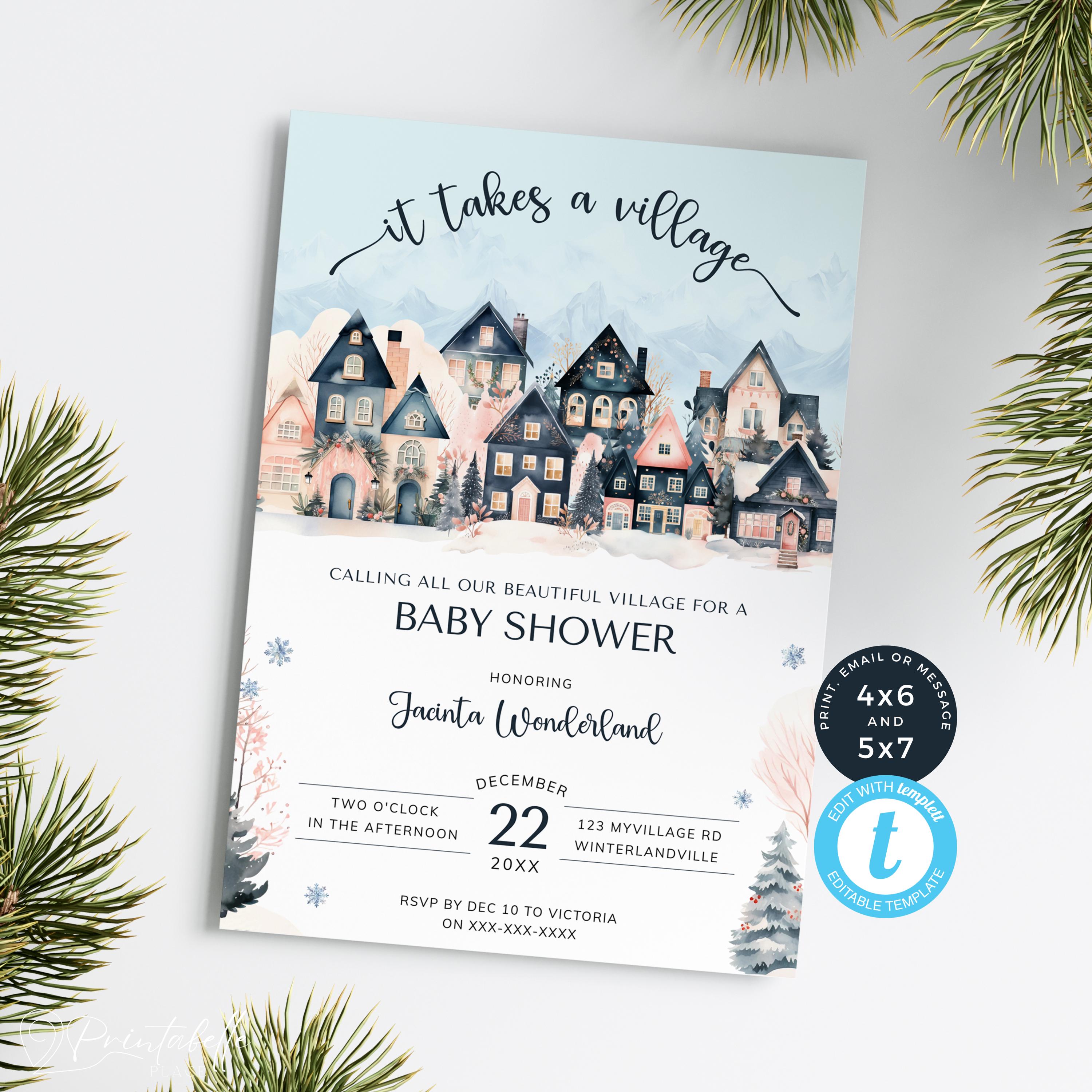 Scandi Einvite It Takes A Village Baby Shower Invitation Winter, Scandi Houses Invite ...