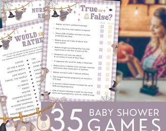 Halloween Baby Clothes Baby Shower Games Bundle, A Little Boo Is Almost Due Games Pack, Purple Gingham Plaid. Editable, Printable | HW17