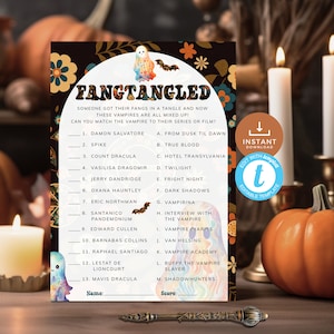 Afdrukbaar Halloween-spel met hoektanden, Retro Match the Vampire to TV Show or Movie Trivia Quiz, met antwoordsleutel. Bewerkbaar, afdrukbaar | HW12