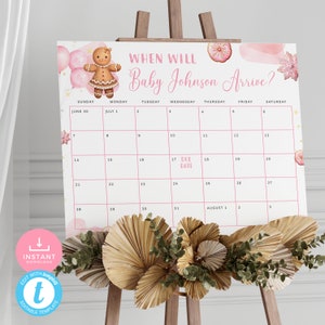 Gingerbread Baby Arrival Date Calendar, Pink Christmas Cookie Guess the Due Date, Sweet Baby Shower Game Poster. Editable, Printable | CH14