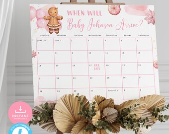 May include: A pink and white printable calendar with a gingerbread person and pink balloons. The calendar is for a baby shower and has the text "When Will Baby Johnson Arrive?" and "Due Date".