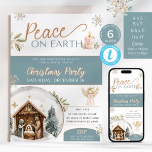 Krippe Weihnachten Einladung, Engel einladen, Lds Weihnachtsfeier Einladung, religiöser Frieden auf Erden Evite. Bearbeitbar, Druckbar | CH20