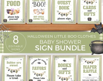 Baby Shower Sign Bundles Halloween, Baby Clothes Table Signs, Green Plaid Decorations, Witch Cauldron. Editable, Printable Download | HW18