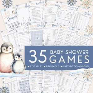 May include: A collection of 35 baby shower games with a winter theme. The games include trivia, predictions, and other fun activities. The image features penguin illustrations and snowflake accents. The text reads "35 Baby Shower Games" and "Editable, Printable, Instant Download."