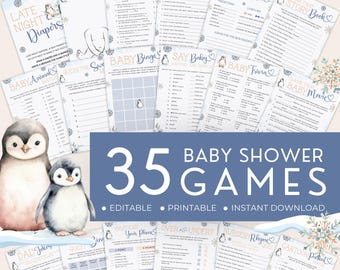 May include: A collection of 35 baby shower games with a winter theme. The games include trivia, predictions, and other fun activities. The image features penguin illustrations and snowflake accents. The text reads "35 Baby Shower Games" and "Editable, Printable, Instant Download."