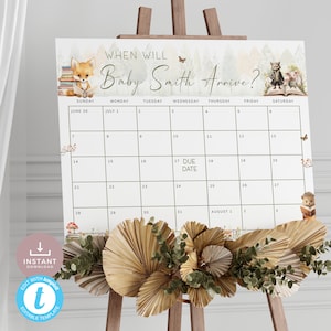 Storybook Baby Arrival Date Calendar, A New Chapter Begin Baby Shower Game, Guess the Due Date Activity, Neutral. Editable, Printable | SB01