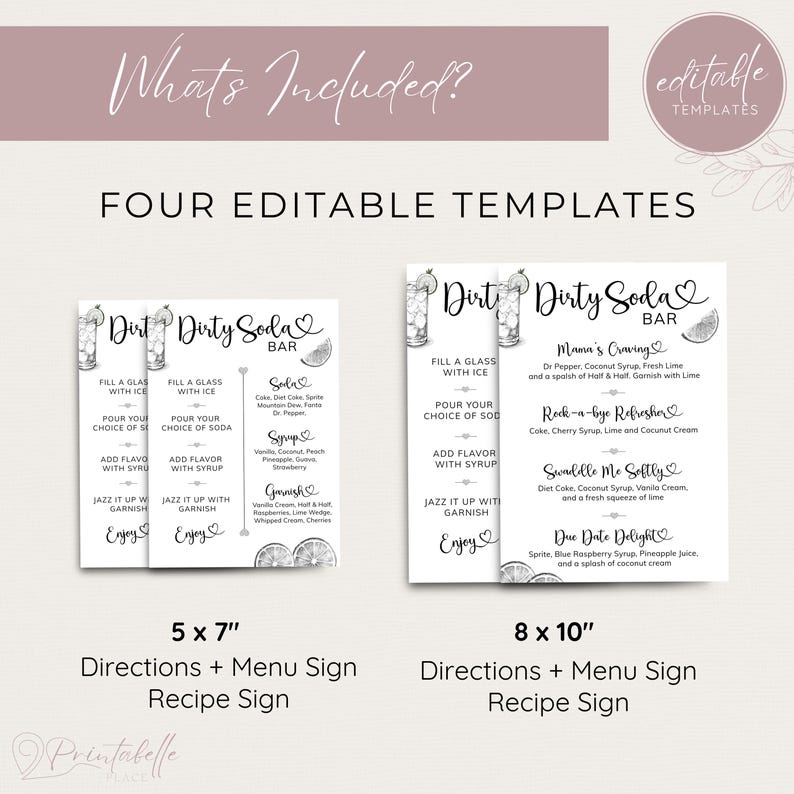 Pu&ograve; includere: Un set di modelli digitali per un Dirty Soda Bar, con quattro modelli modificabili. Include insegne per menu e ricette nei formati 5x7 e 8x10 pollici. Il design &egrave; in bianco e nero con un elemento floreale decorativo.