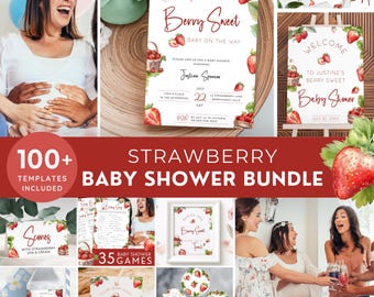 Strawberry Baby Shower Bundle: Berry Sweet Decor, Games, & Invite Set (Editable, Printable) | ST08