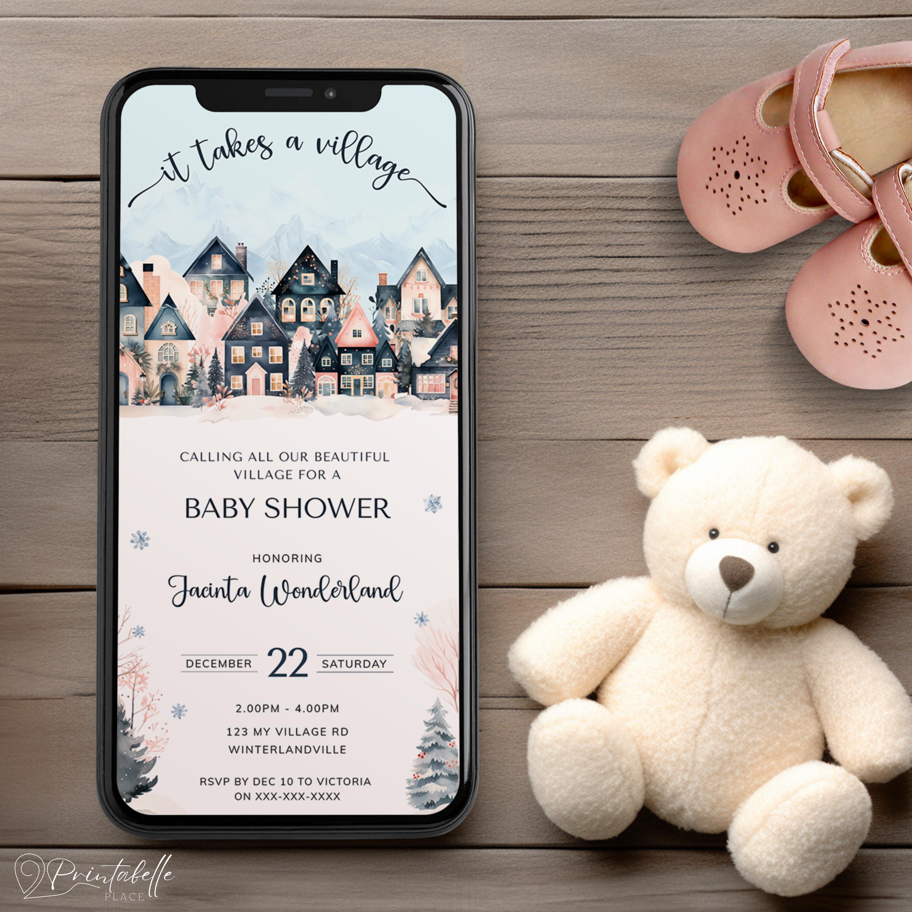 Scandi Einvite It Takes A Village Baby Shower Evite, Winter Theme Electronic Invite ...