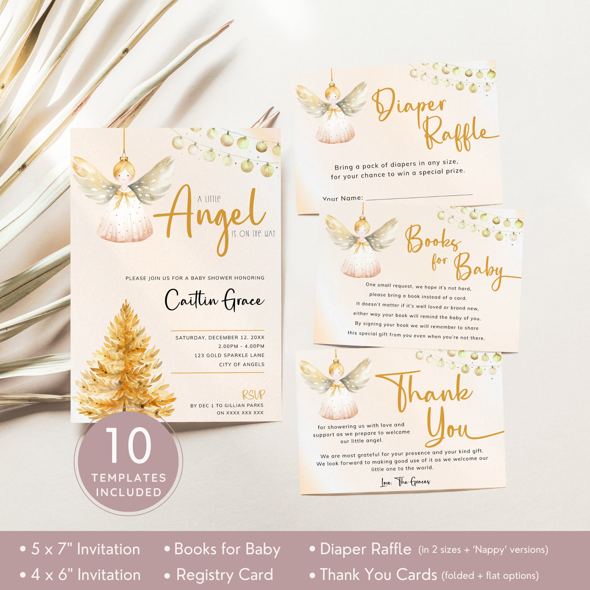 Angel Christmas Ornament Baby Shower Invite Bundle for your December holiday little angel on the way. Editable templates downloadable | CH09
