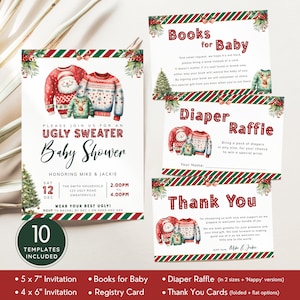 Lot d'invitations baby shower pull moche, ensemble d'invitations pull de Noël, thème des vacances en couple, rustique et festif. Modifiable, imprimable | CH13