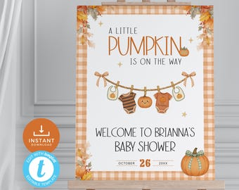 Pumpkin Baby Shower Clothes Line Welcome Sign, A Little Pumpkin Is On The Way Poster for Easel, Fall Decorations. Editable, Printable | PK01