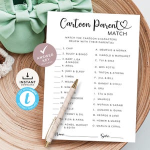 Cartoon Parent Match, moderno gioco per baby shower, quiz di indovinelli minimi, quiz sui personaggi dei libri di fiabe, chiave di risposta. Modificabile, stampabile / MN01