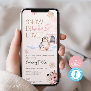 May include: A pink and white baby shower invitation with a penguin and an igloo. The text reads "Snow in baby love" and "Courtney Fields".