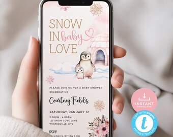 May include: A pink and white baby shower invitation with a penguin and an igloo. The text reads "Snow in baby love" and "Courtney Fields".